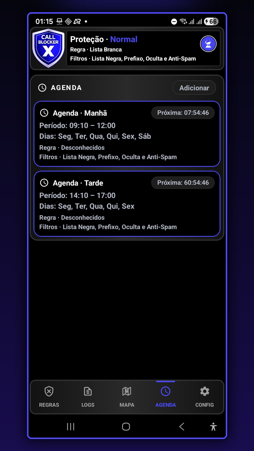 Tela de agenda do Call Blocker X